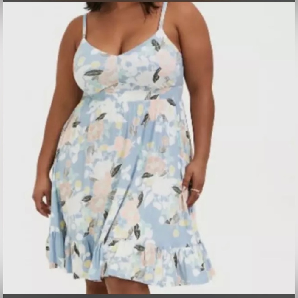 Torrid Super Soft Knits Mini Shirred Skater Dress Blue Floral Sz 3 3X 22-24 - Picture 3 of 6